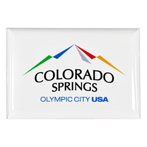 Rectangular, shiny magnet with the Olympic City USA logo printed on a white background