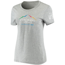 Load image into Gallery viewer, Gray short sleeved t-shirt with full color version of the city of Colorado Springs: Olympic City USA logo. Team USA printed in white on the right sleeve. Team USA tag attached.