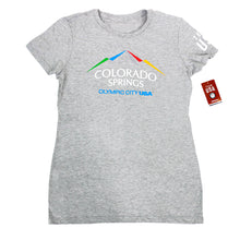 Load image into Gallery viewer, Gray short sleeved t-shirt with full color version of the city of Colorado Springs: Olympic City USA logo. Team USA printed in white on the right sleeve. Team USA tag attached.
