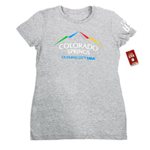 Load image into Gallery viewer, Gray short sleeved t-shirt with full color version of the city of Colorado Springs: Olympic City USA logo. Team USA printed in white on the right sleeve. Team USA tag attached.