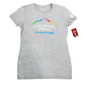 Gray short sleeved t-shirt with full color version of the city of Colorado Springs: Olympic City USA logo. Team USA printed in white on the right sleeve. Team USA tag attached.