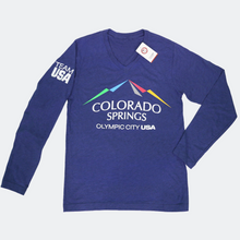 Load image into Gallery viewer, Dark blue long sleeve v-neck shirt with full color city of Colorado Springs: Olympic City USA logo printed in the upper, center of the shirt. Team USA printed on the left upper sleeve.