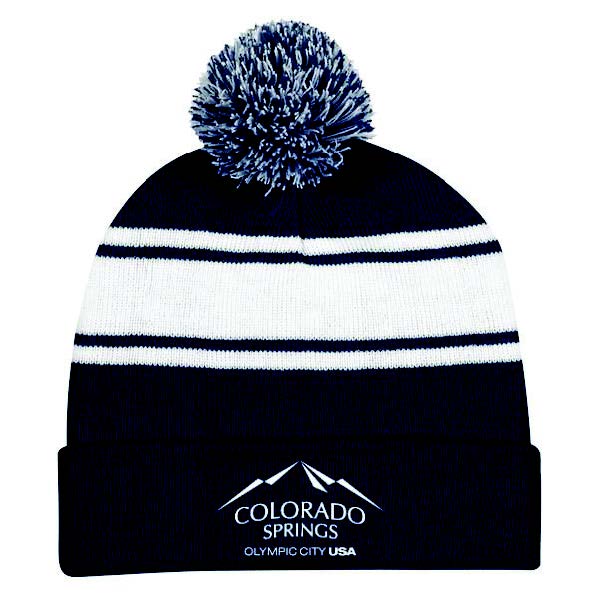 Blue and White Two-Tone Knit Pom Beanie