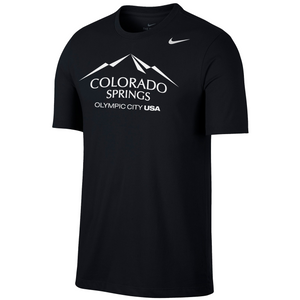 Black short sleeve T-shirt with a white version of the city of Colorado Springs: Olympic City USA logo screen printed onto it. White Nike logo printed underneath the shoulder.