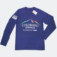 Load image into Gallery viewer, Dark blue long sleeve v-neck shirt with full color city of Colorado Springs: Olympic City USA logo printed in the upper, center of the shirt. Team USA printed on the left upper sleeve. 
