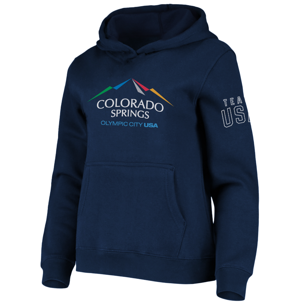 Navy pullover hoodie with hoodie pocket in front. Color version of the city of Colorado Springs: Olympic City USA logo printed in center. Team USA printed in white omn the upper right sleeve. Team USA tag attached to bottom of same sleeve.