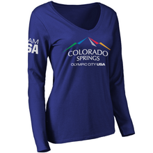 Load image into Gallery viewer, Dark blue long sleeve v-neck shirt with full color city of Colorado Springs: Olympic City USA logo printed in the upper, center of the shirt. Team USA printed on the left upper sleeve.
